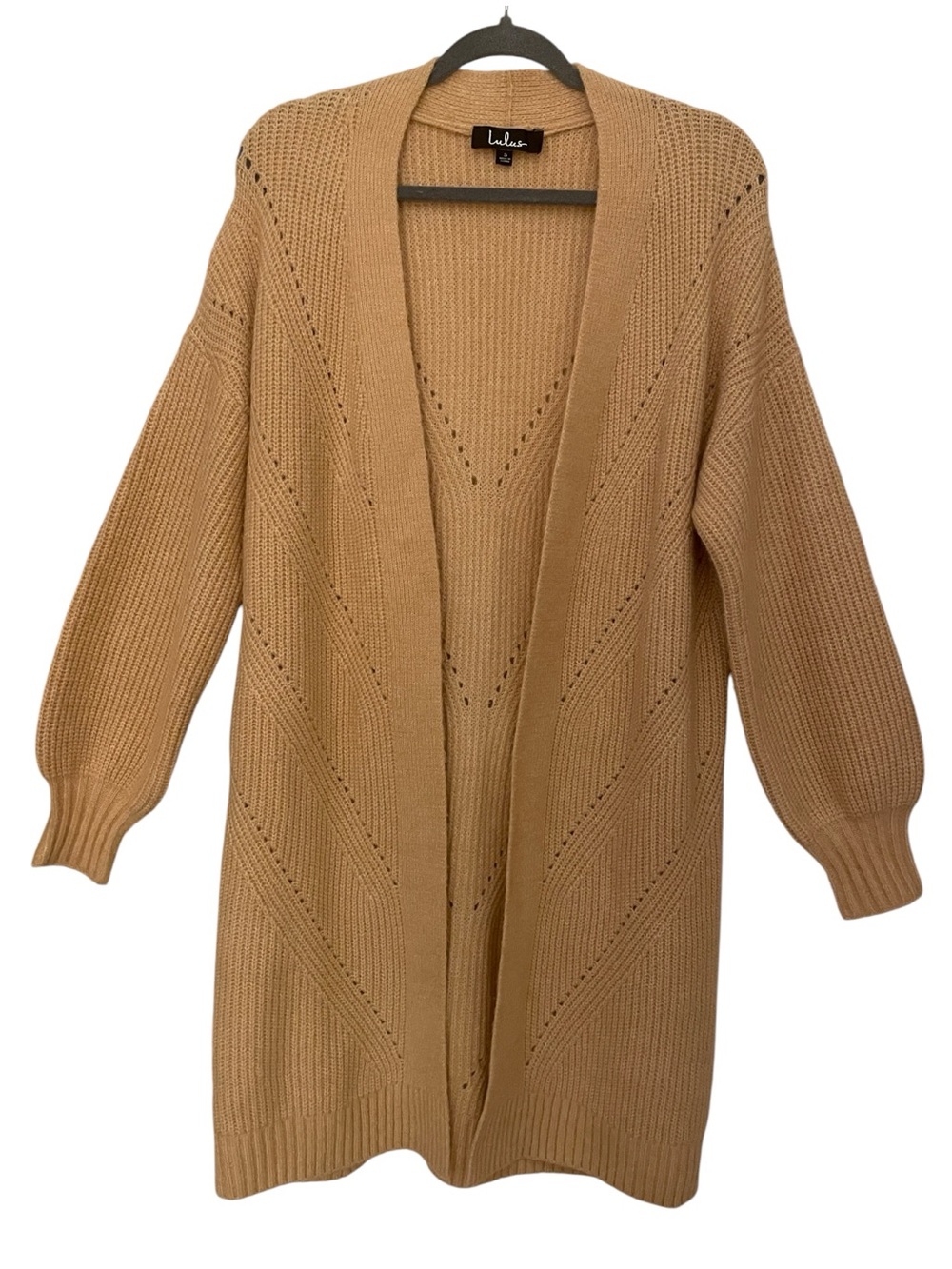 LULUS Tan Chevron Pontelle Knit Open Front Long-Sleeve Duster Cardigan Sweater S